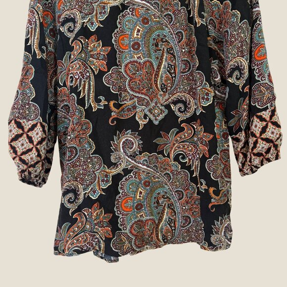 Fig & Flower Boho Pattern 3/4 Sleeve Quarter Button Puffed Sleeve Blouse Size L - Picture 10 of 10